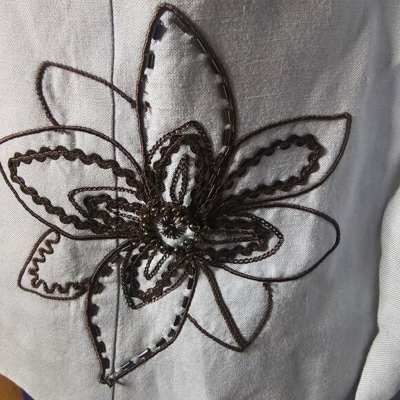 Positive Attitude 2pc Baby Blue Tank Top Linen Jacket Brown Embroi Beaded Flower - Picture 3 of 15